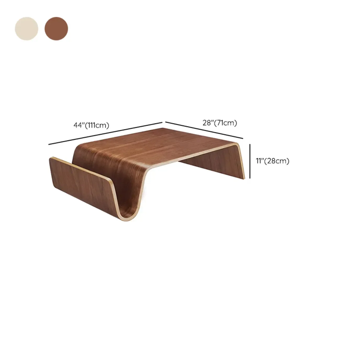 Modern Wooden Brown Curved Coffee Table with Double Pedestal