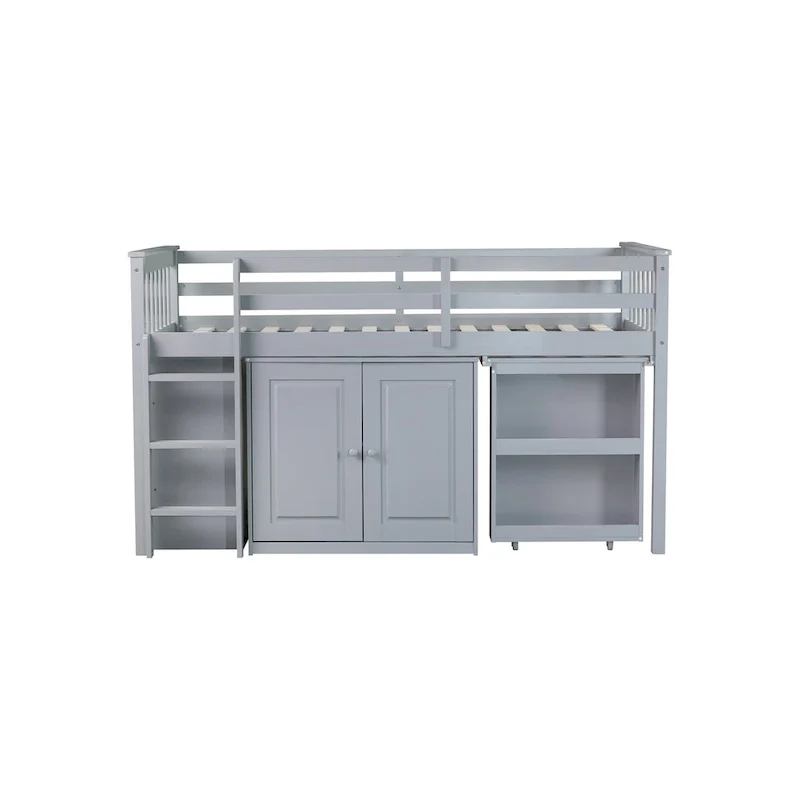 Twin Loft Bed with Pull-Out Desk, 2 Cabinets, 4 Drawers & Shelves