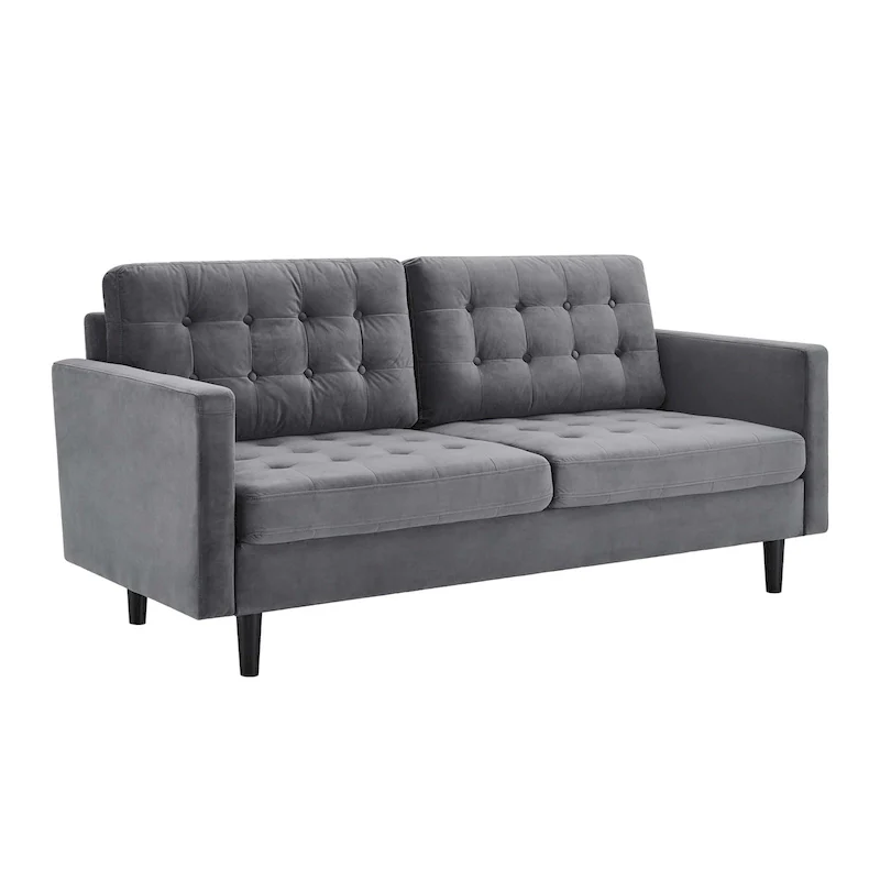 Gray Velvet Button-Tufted Sofa, 3-Seater