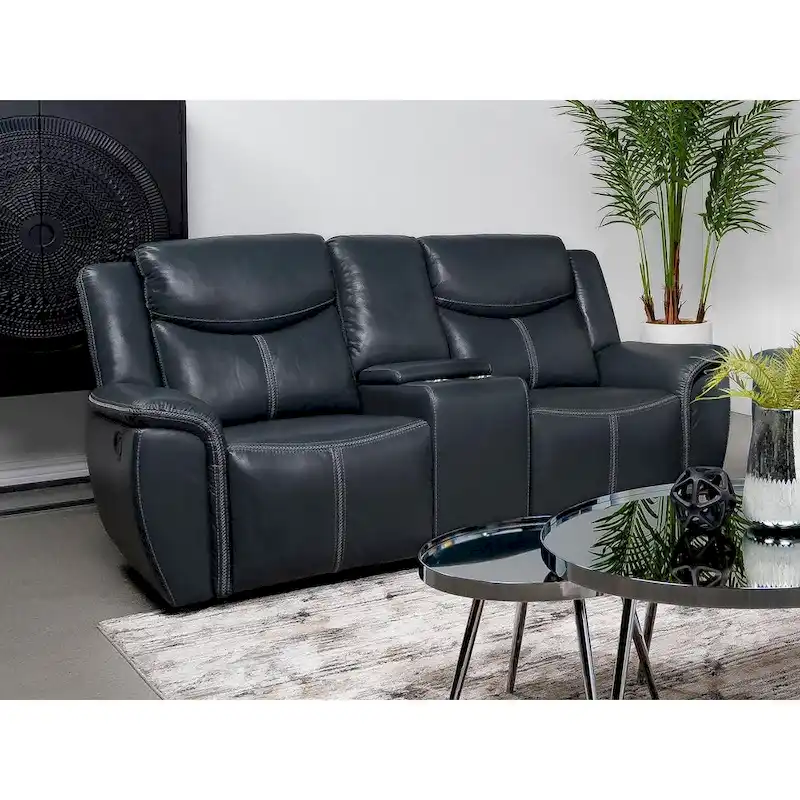Blue Faux Leather Reclining Loveseat with Center Console