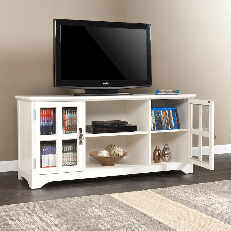 White Media TV Stand with Windowpane Cabinets - 52 Inch for TVs up to 50