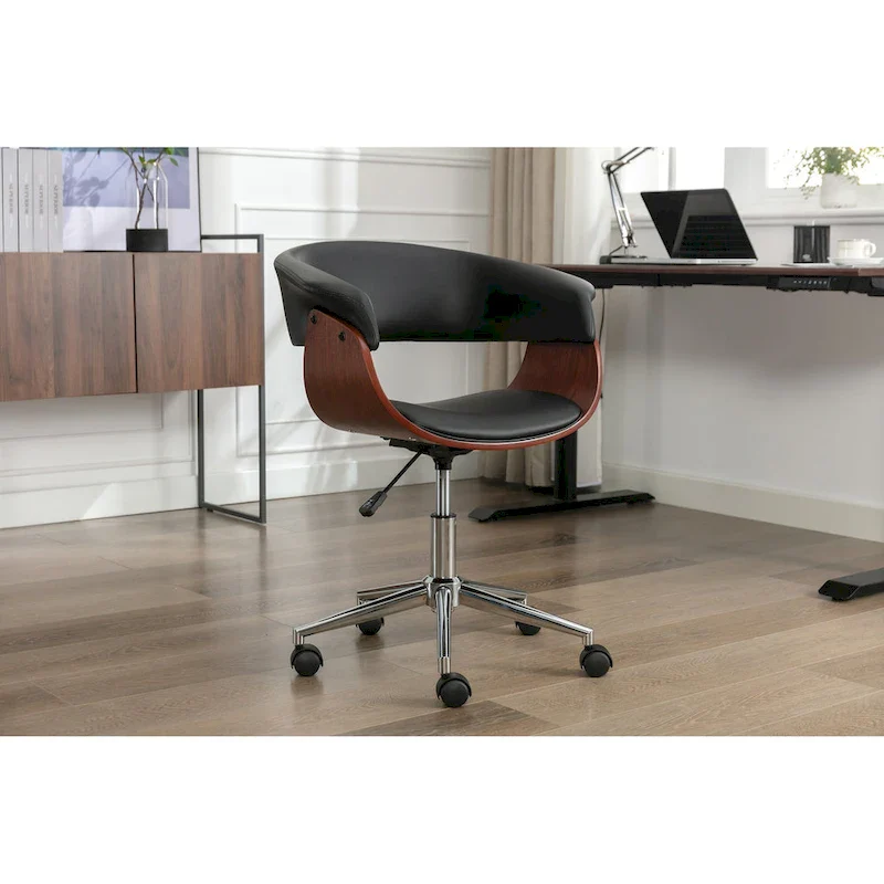 Faux Leather Office Chair with Chrome Base and Curved Wood Seat