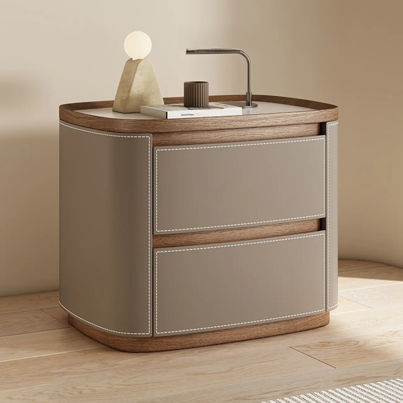 Trendy Low Tray-Top 2 Layer Solid Wood Nightstand