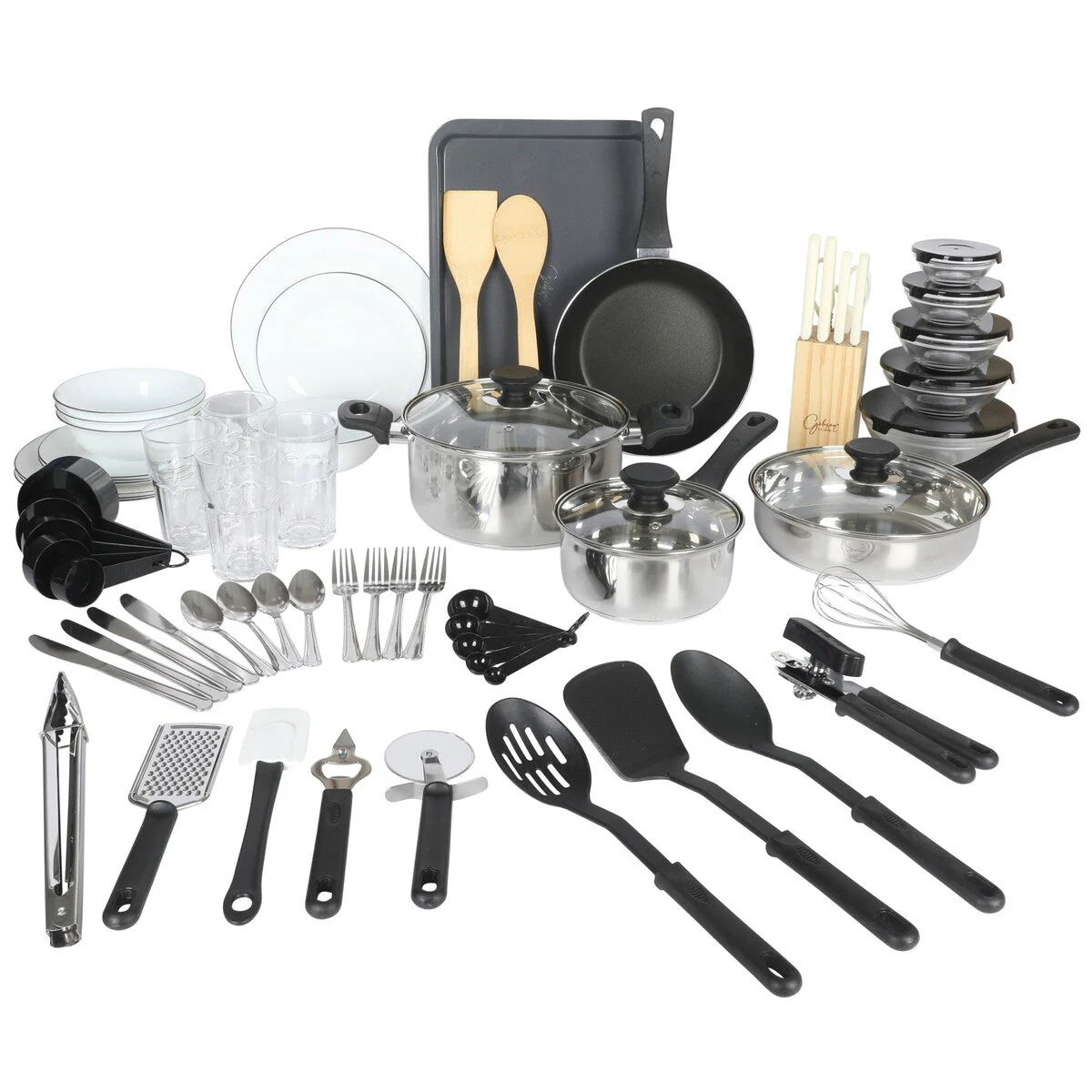 Gibson Home 74 Piece Kitchen Combo Set: Cookware, Dinnerware, Cutlery, Flatware, Tools & Gadgets, storage and Glassware