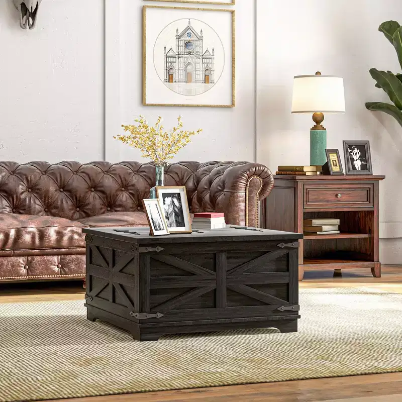 HOMCOM Farmhouse Coffee Table with Flip Top, Hidden Storage Compartment, Square Center Table for Living Room