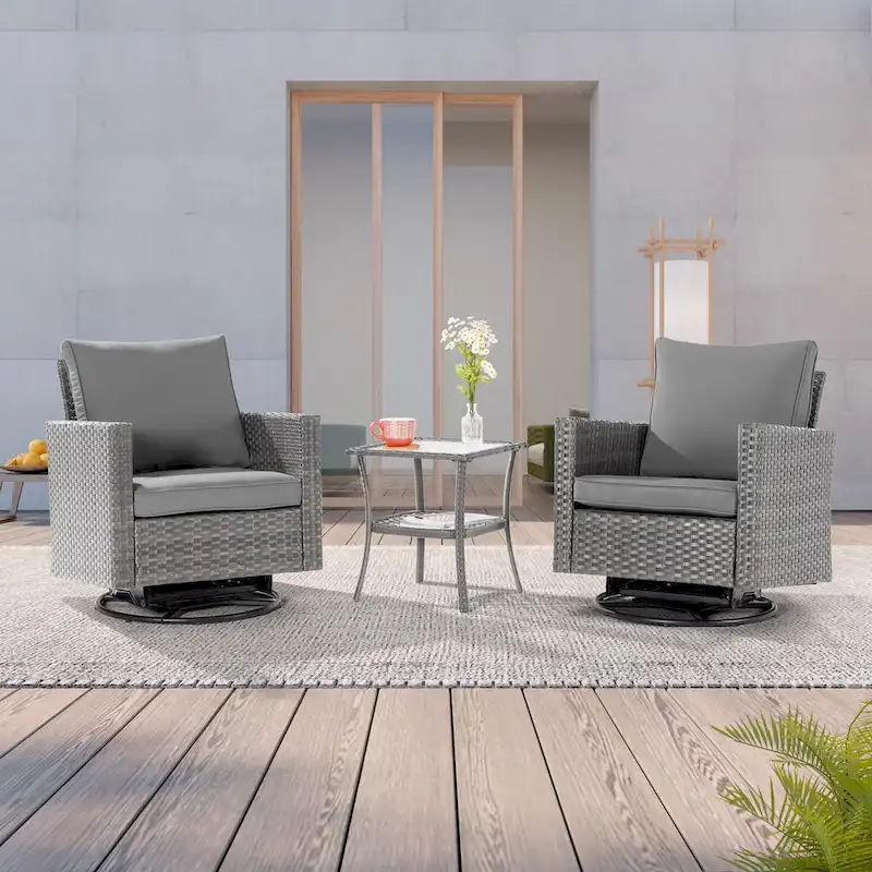 LIVOOSUN 3-Piece Patio Sofa Set Gray Rattan Swivel Rocking Chair Glass Table