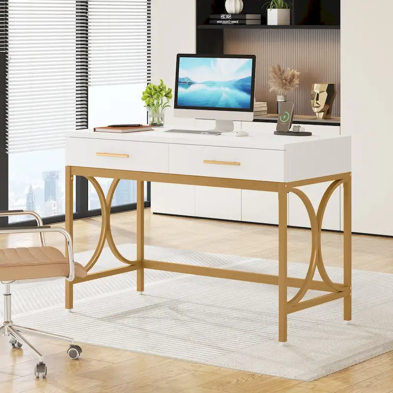 Modern Computer Writing Desk with 2 Drawers, White and Gold Home Office Desk, Makeup Vanity Table