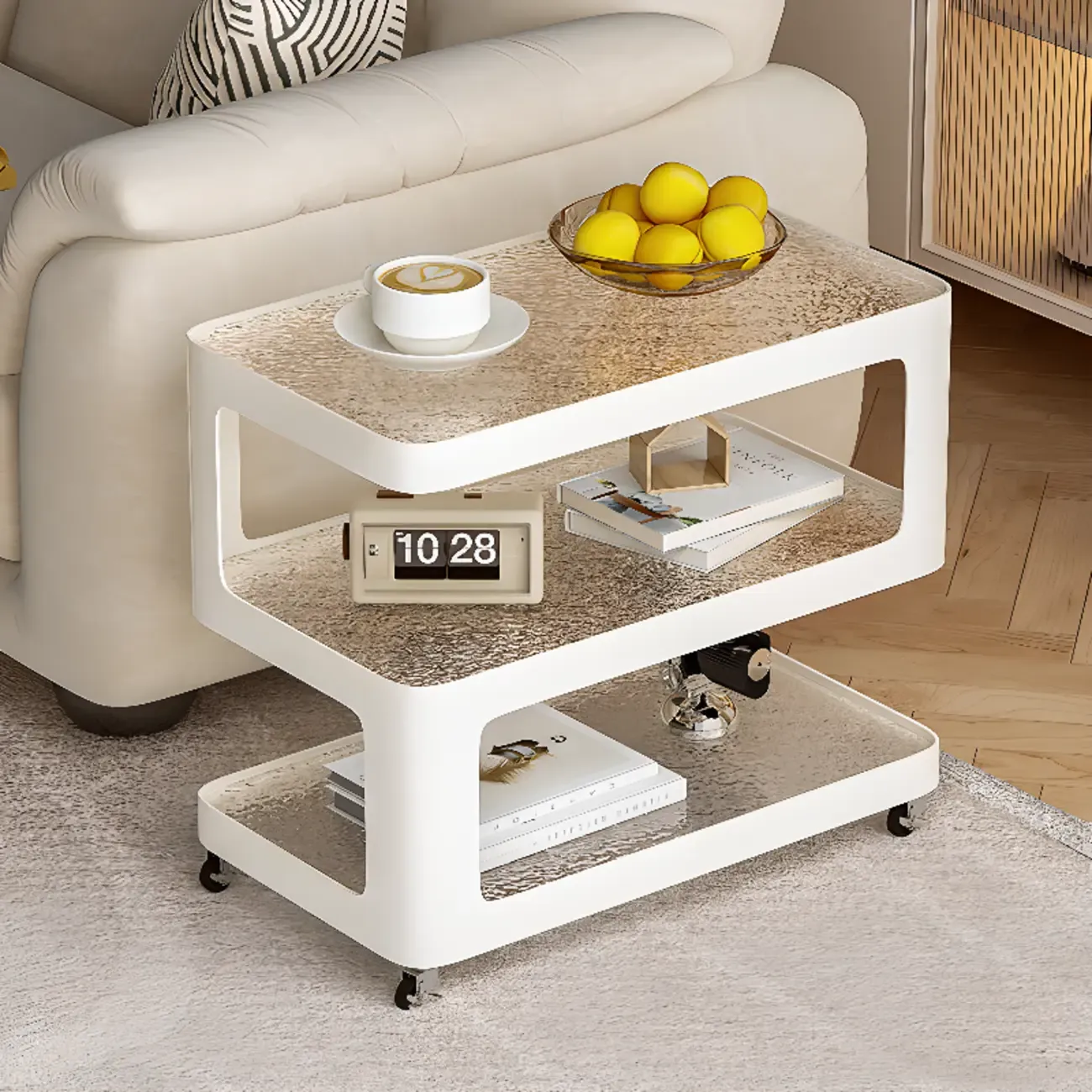 Rectangular Glass Top 3-Layer Storage Mobile Side Table