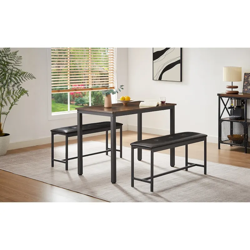 3-Piece Dining Table Set, Rectangular Dining Table with 2 Benches, Rustic Brown and Black