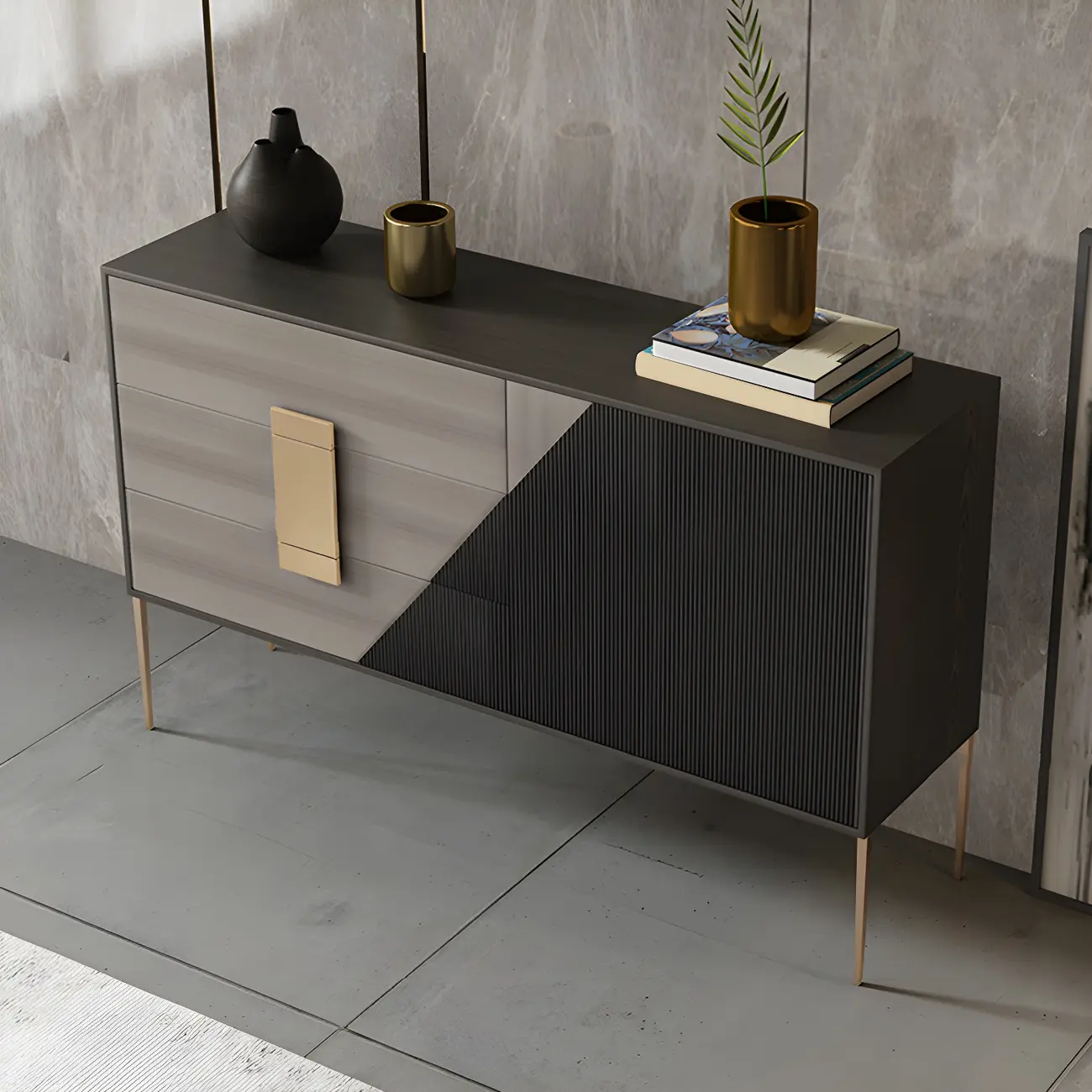 Sleek Black-Gray Wood and Metal Soft-Close Drawers Dresser