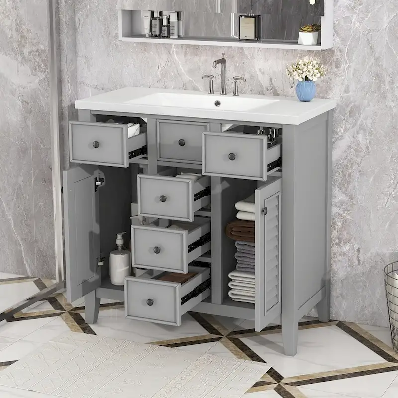 Bathroom Vanity with Ceramic Basin, Two Cabinets and Five Drawers