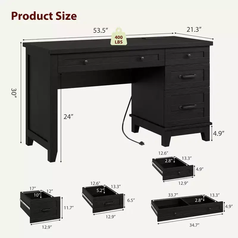 Farmhouse Desk with 4 Drawers, Rustic Office Desk Computer Desk with Charging Station, File Drawers and Storage Cabinet for Study and Home Office