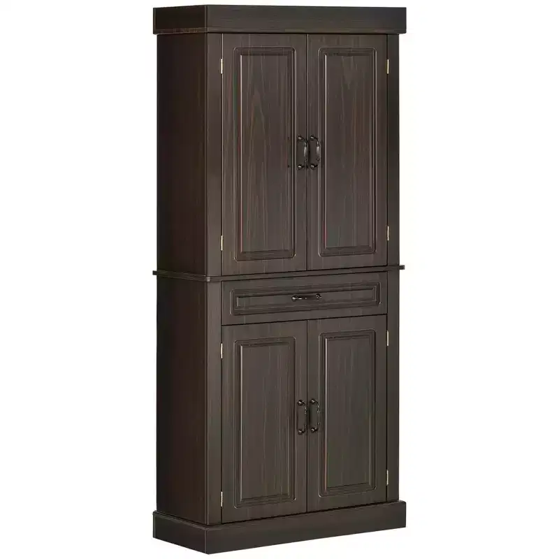 71 Freestanding Kitchen Pantry with 4 Doors and 2 Large Cabinets, Tall Storage Cabinet with Drawer