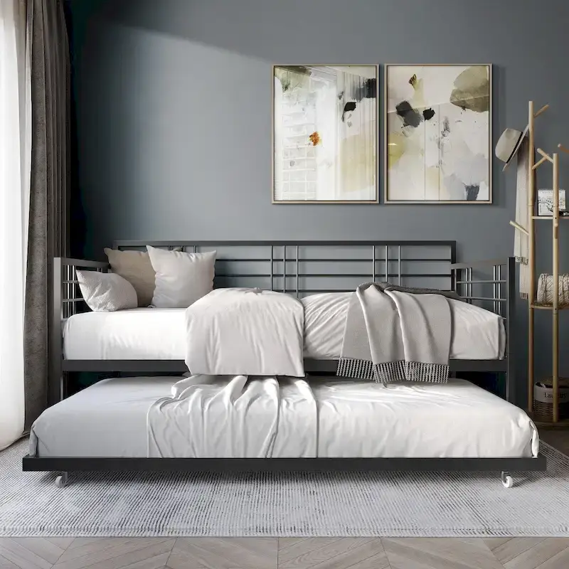 White/Brown/Black Metal Twin Daybed with Roll-Out Trundle, 1-Person