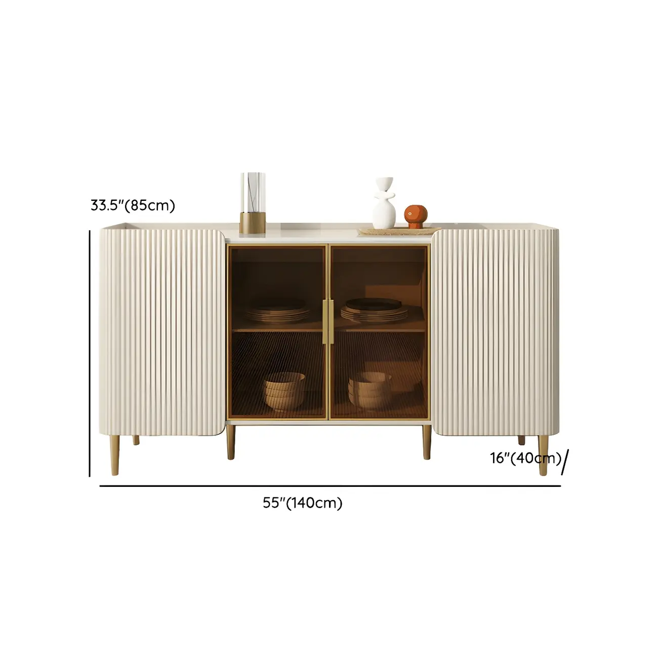 Glam Off-White Stone Countertop Sideboard with Shelves