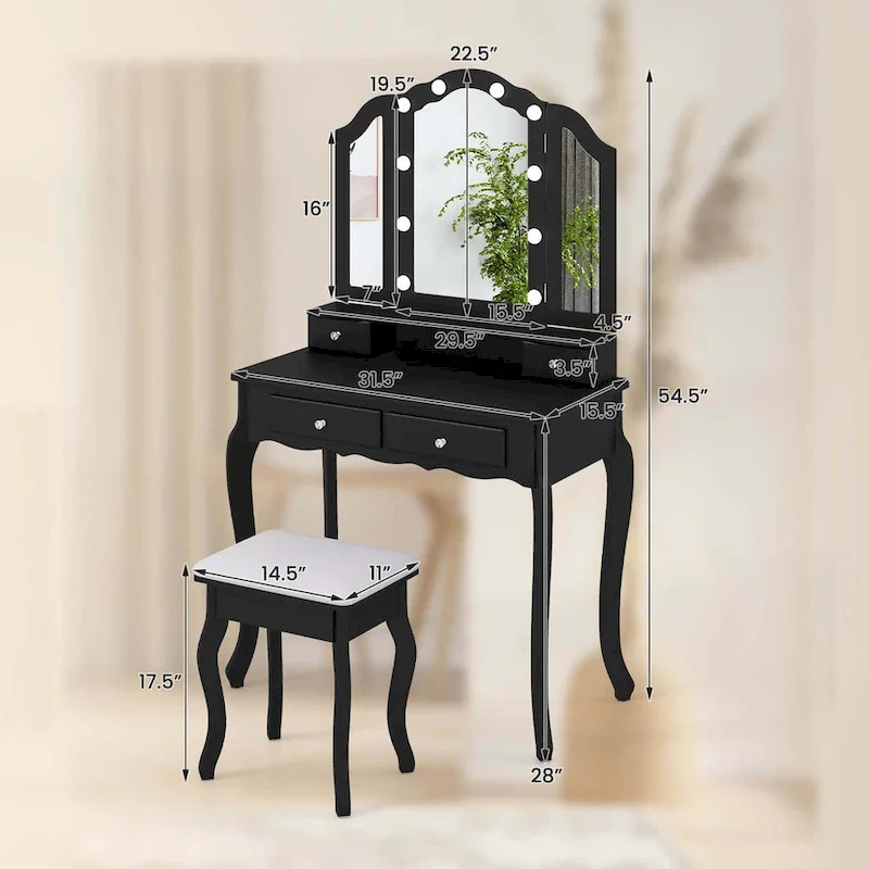 Costway Makeup Vanity Set with Tri-Fold Mirror & LED Lights 4 Drawers - See Details