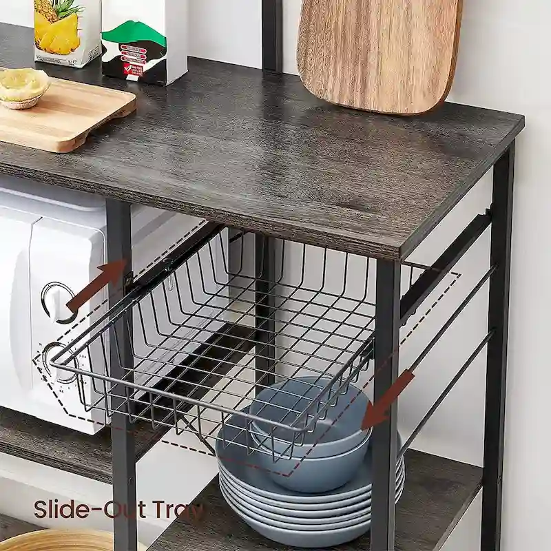 Kitchen Microwave Oven Stand Shelf with Wire Basket and 6 S-Hooks - 35.4 L x 15.7 W x 52 H