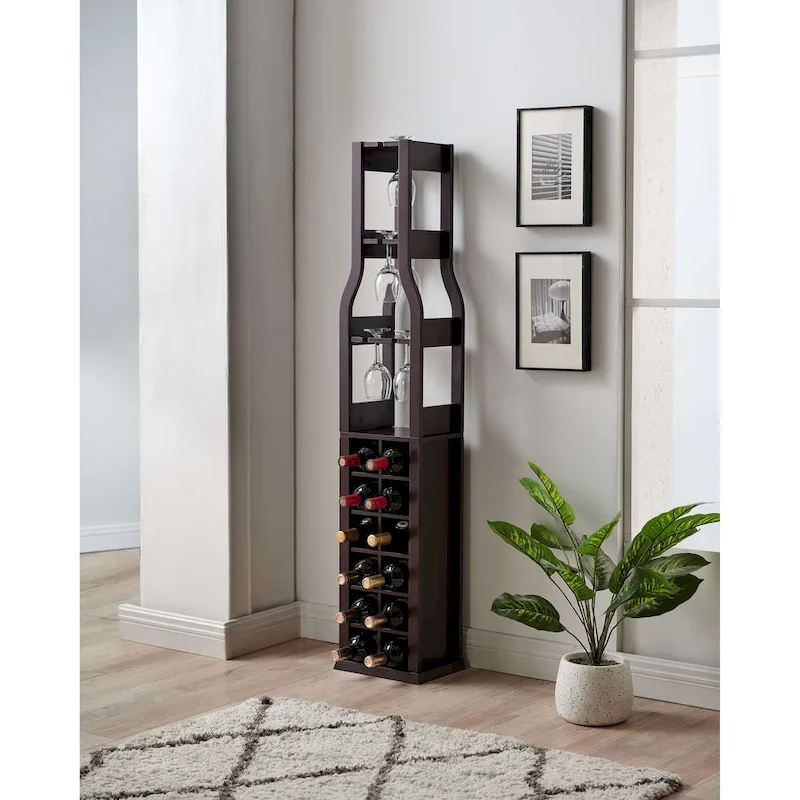 Floor Wine Rack - 12 Bottle Wine Storage Display Shelf with Wine Glass Holder , Cherry