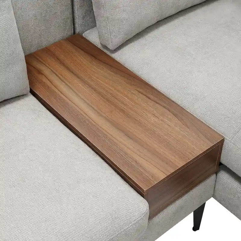 Modular U-shaped Linen Reversible Sofa with a Wooden Side Table Box and Reversible Design