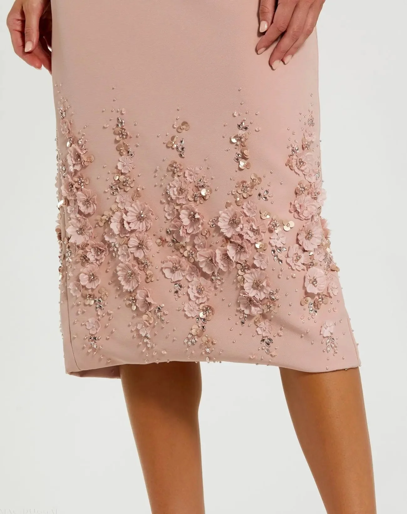 Pink Crepe Sleeveless Midi Dress With Flower Beading