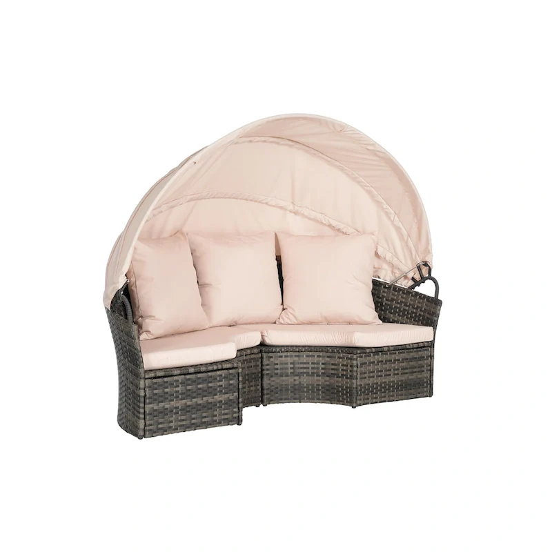 5-Piece Round Daybed Sunbed with Canopy & Removable Cushions