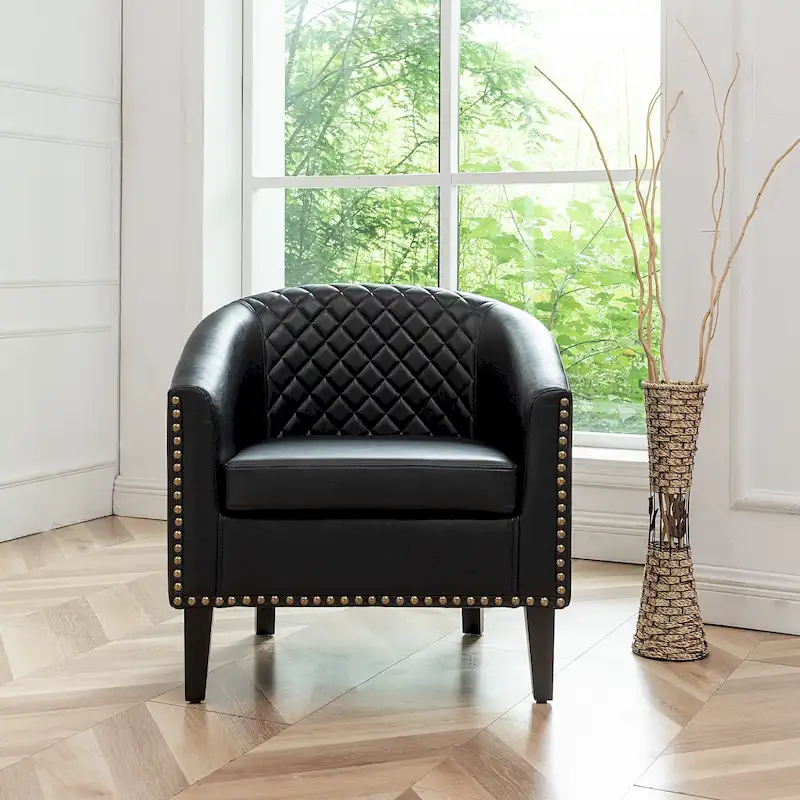 PU Leather Tufted Barrel Chair, Club Armchair with Nailheads