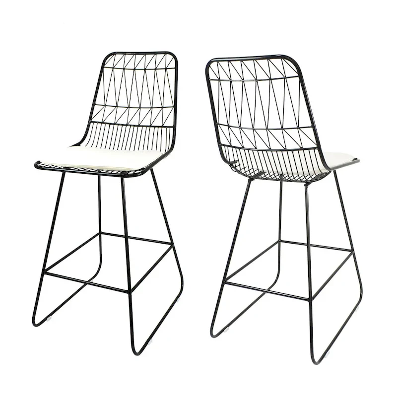Outdoor Counter Stool Chair Set of 2, Black Iron Frame Construction