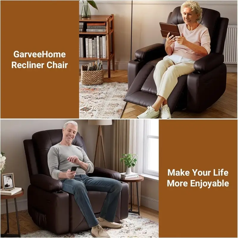 Power lift recliner chair with massage, cup holders, and side pocket.