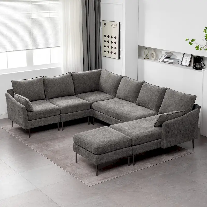 U-Shaped 6-Seat Sectional Sofa, Reversible Sleeper in Modern Chenille Design, with Chaise Lounge and Ottoman