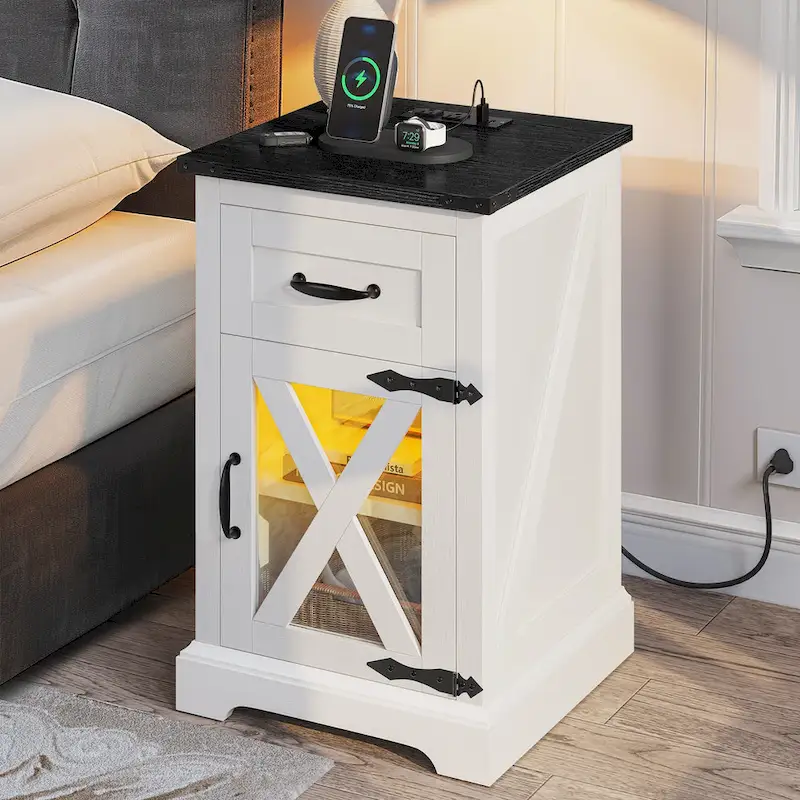 Moasis LED End Table with Shelf and Drawer, Side Table with Charging Station Power Outlet