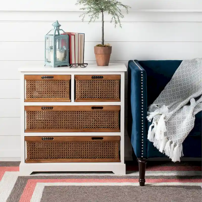 4-Drawer Storage Cabinet with Cane Baskets – Cream White, 29