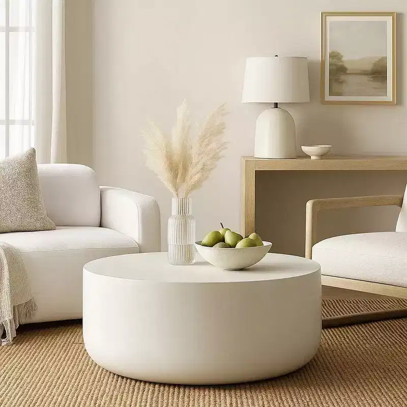 Royal Hampton 31 Inch Round Coffee Table, Modern Cement Frame, Off White