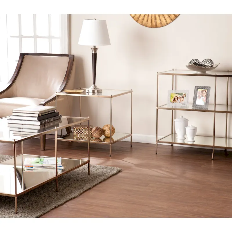 Rectangular Coffee Table - Gold, Glass Top with Mirrored Shelf, Multi-User