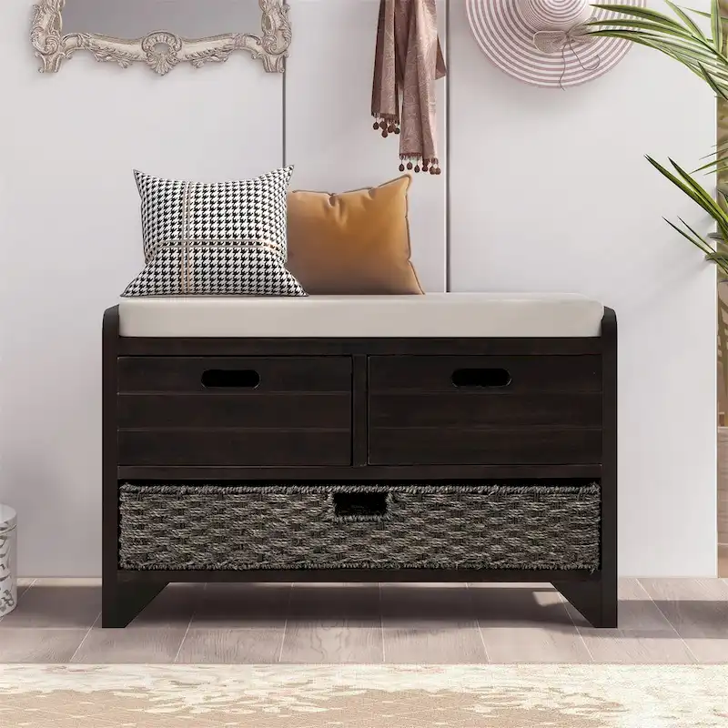 White/Espresso/Navy/White Washed Acacia Wood Storage Bench with 2 Drawers & Removable Basket, Seats 1