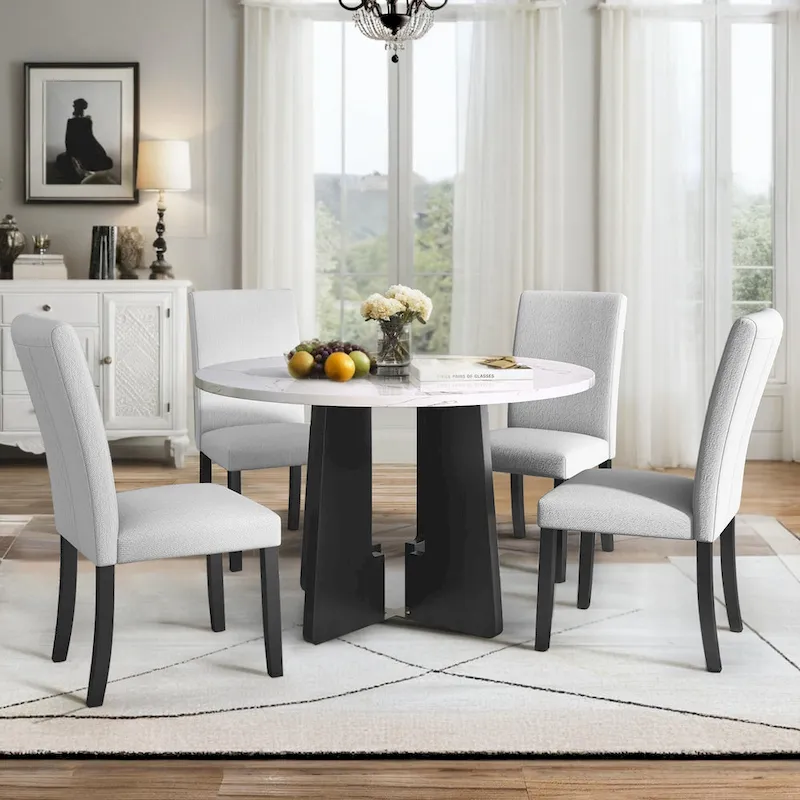 5 Piece Kitchen Table and Chairs Set, 4 People Round Dining Table Set, 4 Upholstered Chairs with Rubber Wood Legs