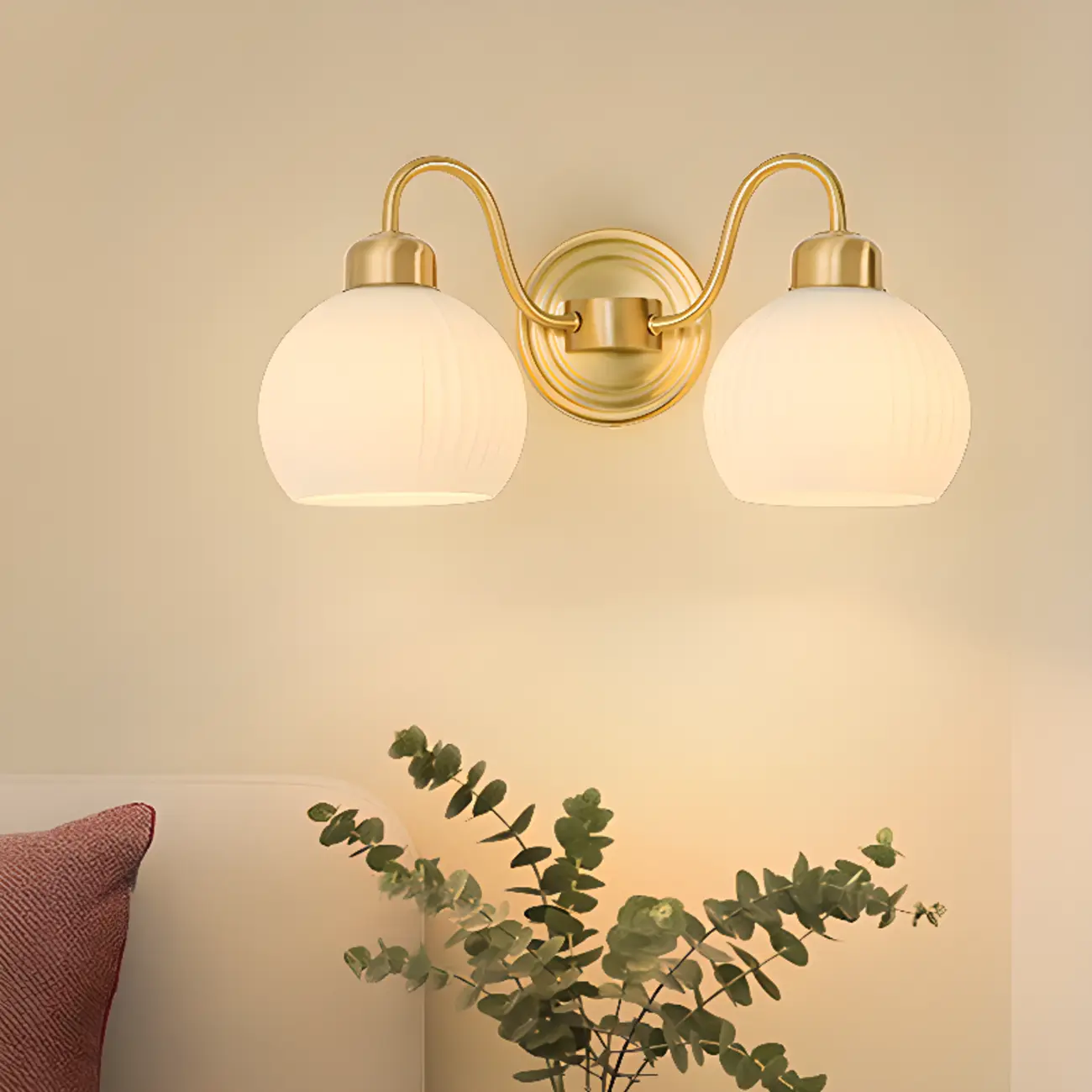 Modern Dual White Glass Dome Brass Wall Lamp