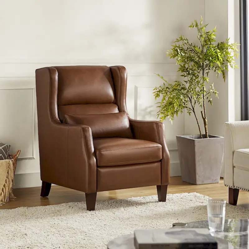 Genuine Leather Wingback Armchair with Pillow