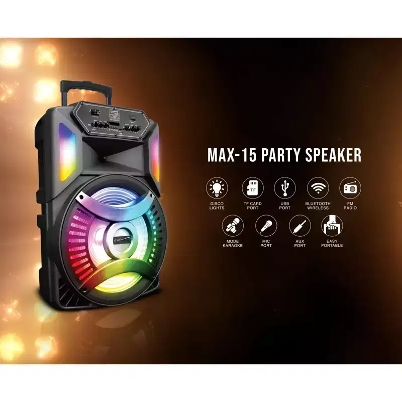 TOPTECH MAX-15 Bluetooth Party Speaker, 15'' Woofer, Disco Lights, Karaoke