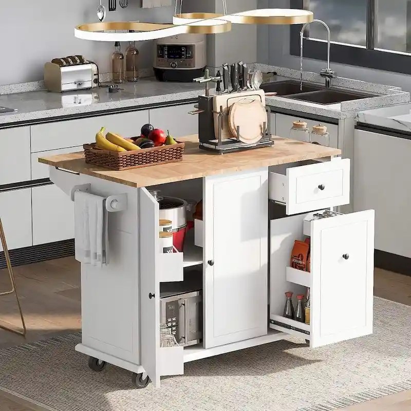 53.9 W Modern Versatile Kitchen Island with Drop Leaf and 3 Drawer Cabinets