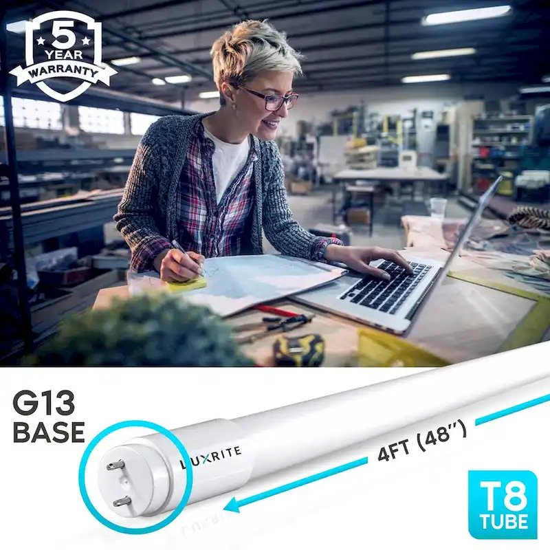 Luxrite 4FT T8 LED Tube Light, Ballast and Ballast Bypass, 13W=32W, 1800 Lumens, Damp Rated 12 Pack