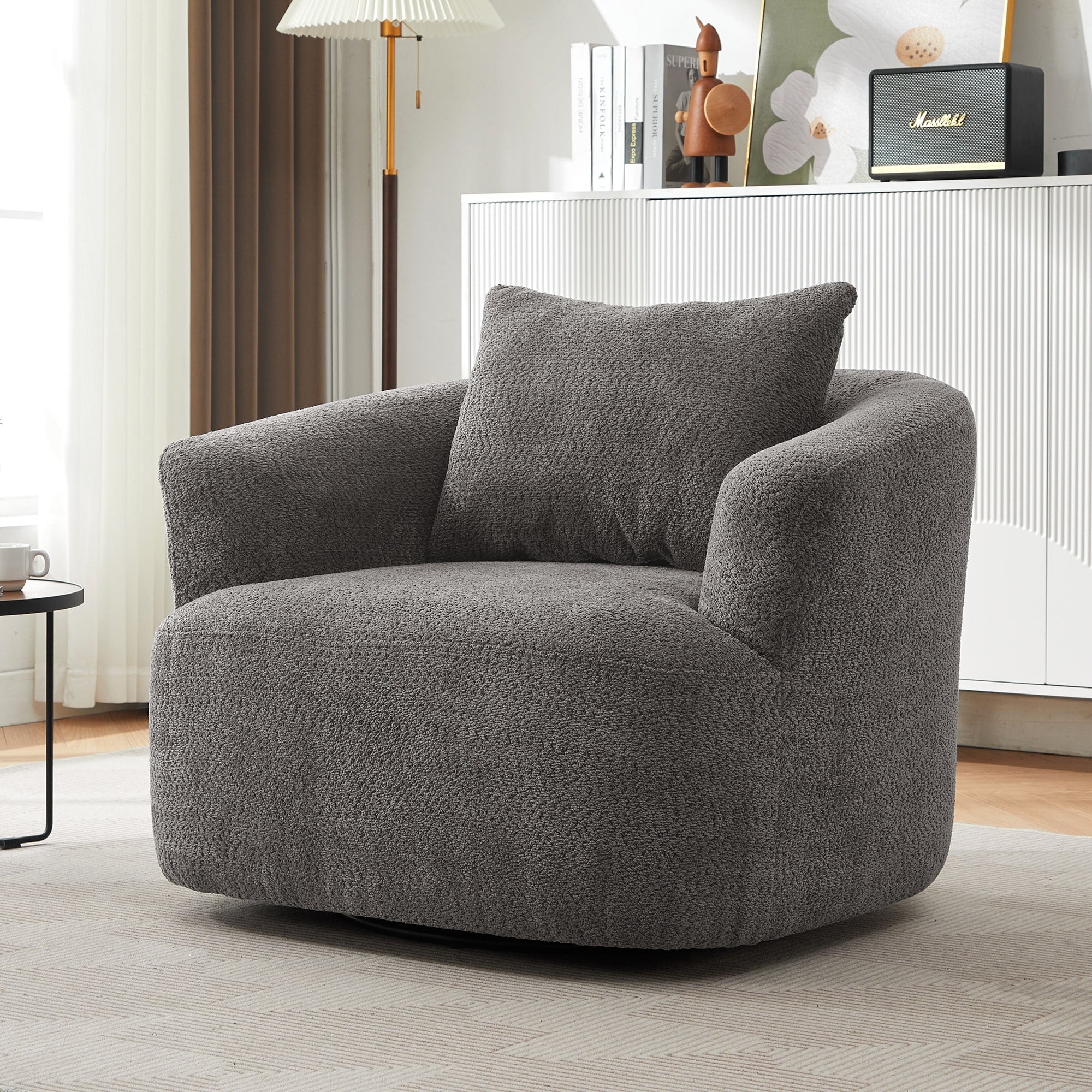 360° Swivel Chair, 38.2 Boucle Accent Chair with Throw Pillow, Upholstered Barrel Sofa Chair with Curved Armrests