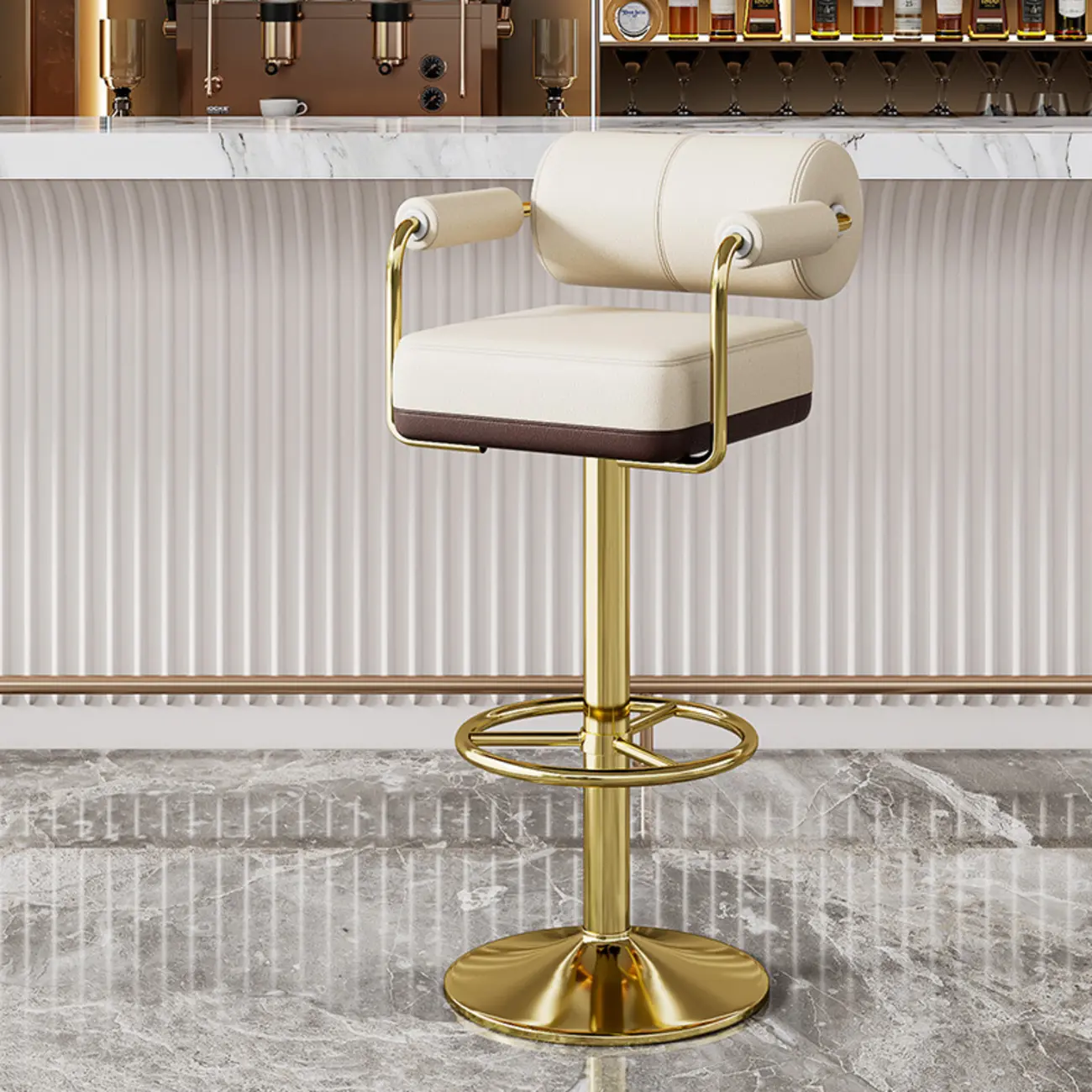 Square Adjustable Leather Gold Legs Swivel Bar Stools