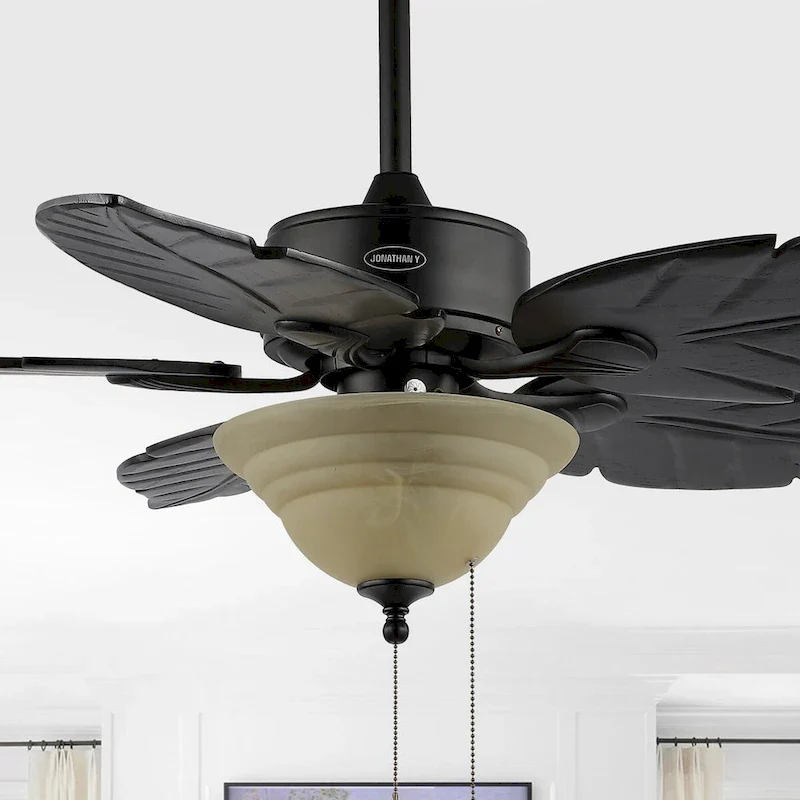 Owen 52  3-Light Coastal Bohemian Iron/Wood Palm Leaf LED Ceiling Fan with Pull Chain, by JONATHAN Y