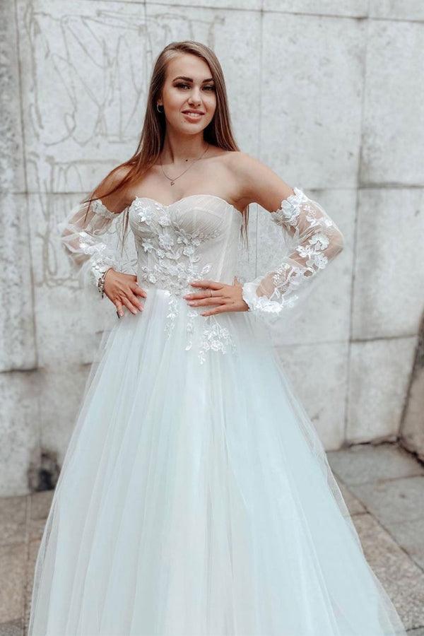 Sleeves Sweetheart A-line Lace Detachable Sleeves Lace Wedding Dress