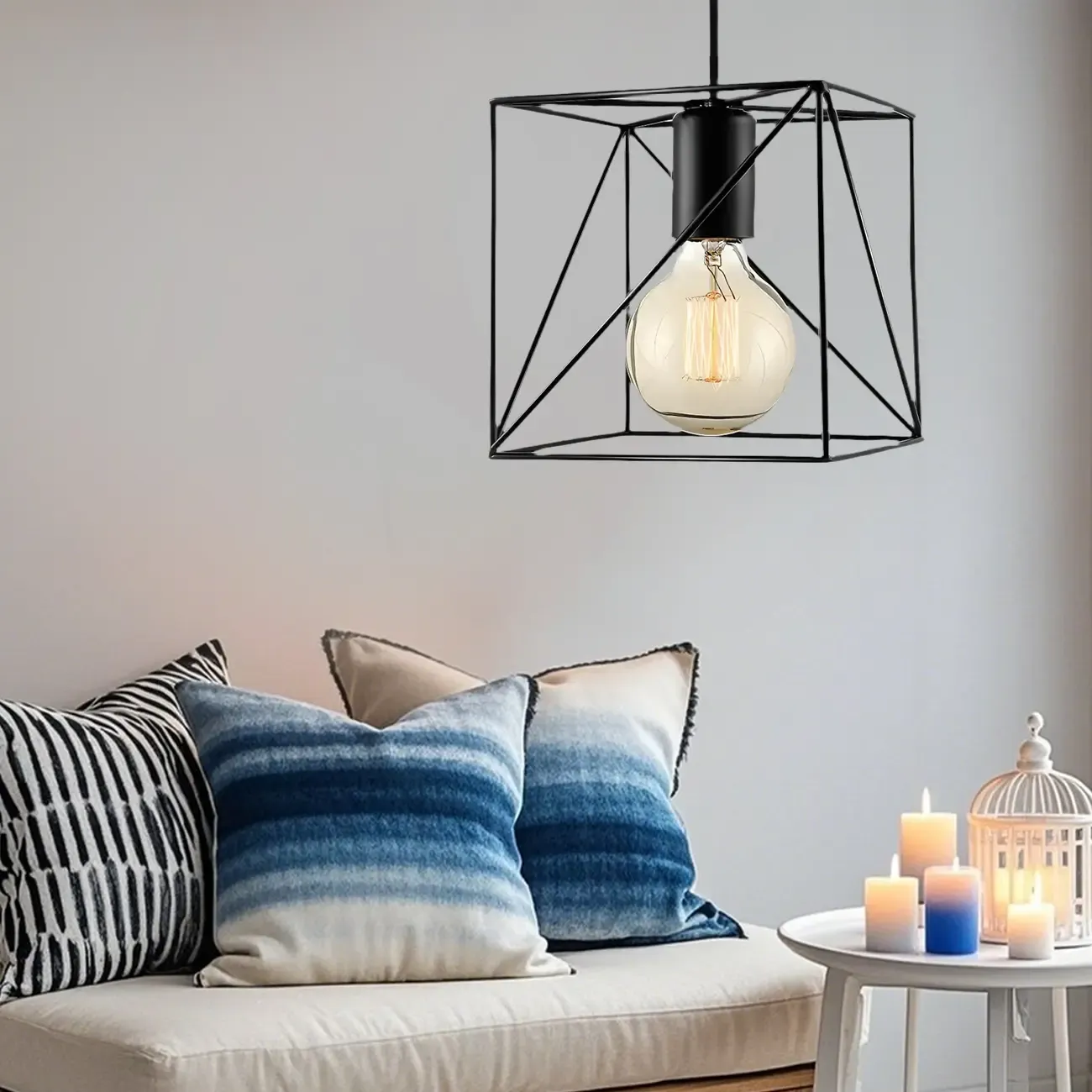 Modern Black Metal Square Caged Semi Flush Mount Ceiling Light