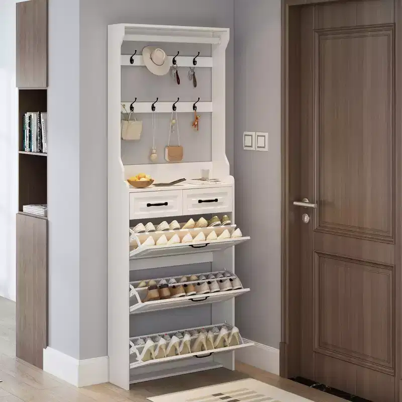 GDFStudio Svetlana Modern 87H Wooden Shoe Cabinet with 3 Doors, 2 Drawers and Hangers