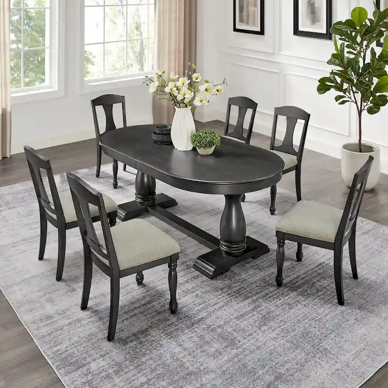 7 Pcs Solid Wood Dining Table Set, , Kitchen Extendable Dining Table Set with Curved Table and 6 Upholstered Chairs