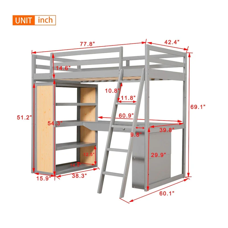Twin Loft Bed with Desk and Shelves