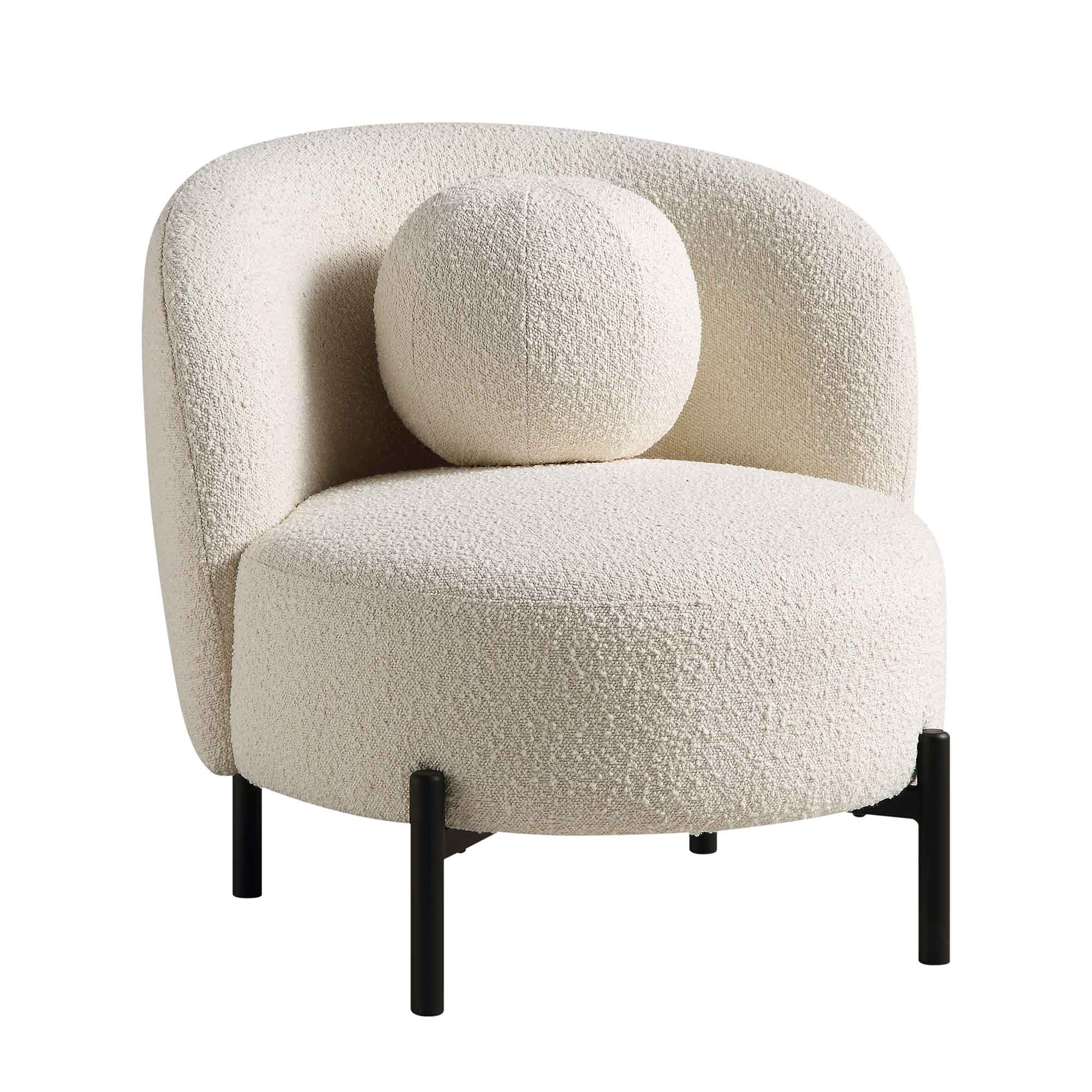 Armchair with Ball Cushion, Ecru Boucle