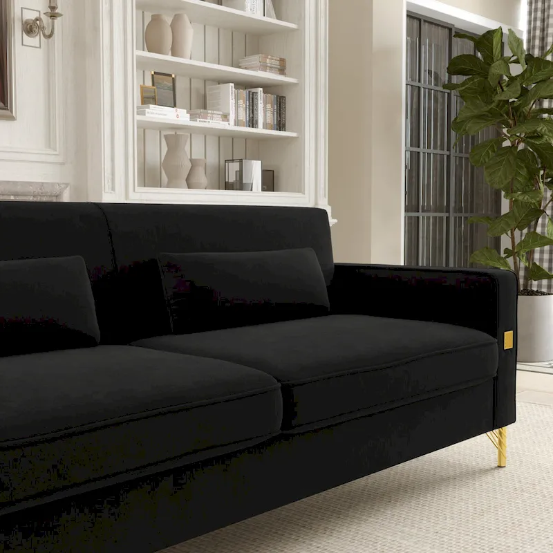 Black 85.63  Velvet 3-Seater Sofa with Gold Accents